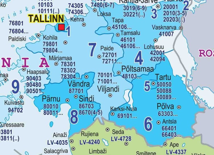 Litwa, Łotwa, Estonia. Mapa ścienna. Kody pocztowe. Fragment 1