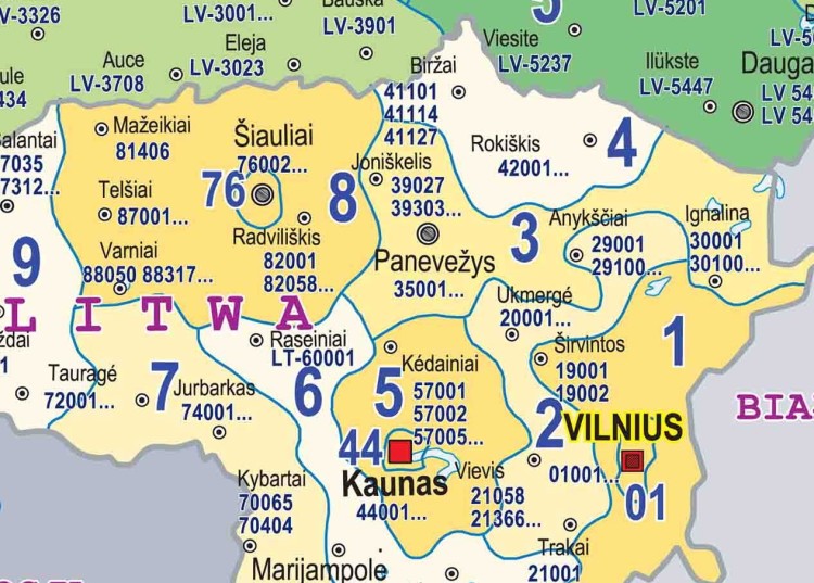 Litwa, Łotwa, Estonia. Mapa ścienna. Kody pocztowe. Fragment 2