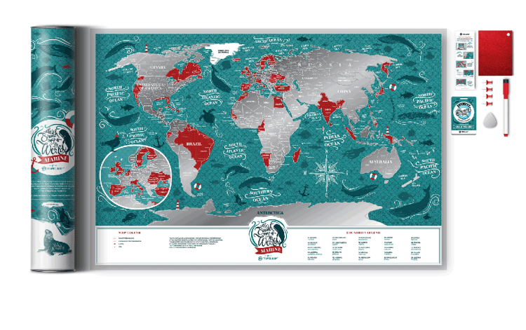 Świat. Mapa zdrapka Marine World w ramie. Zawartość tuby