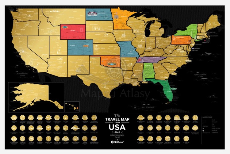 Stany Zjednoczone. Mapa zdrapka Travel Map USA Black. Mapa zdrapana częściowo