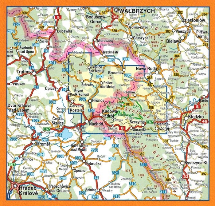 Góry Stołowe, Adrszpasko Teplickie Skały, Broumovske Steny. Laminowana mapa turystyczna wydawnictwa Compass. Zasięg