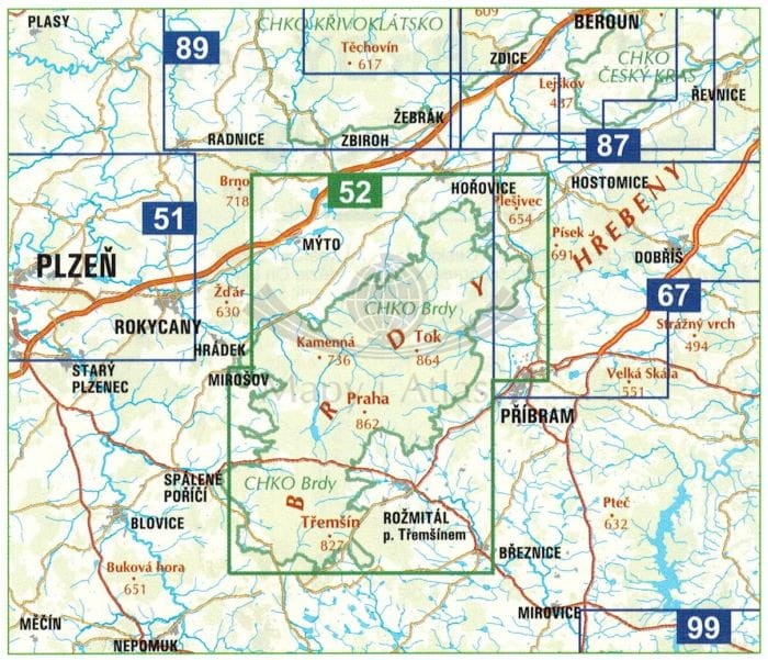 CHKO Brdy. Mapa turystyczna 52 wydawnictwa Geodezie On Line. Zasięg