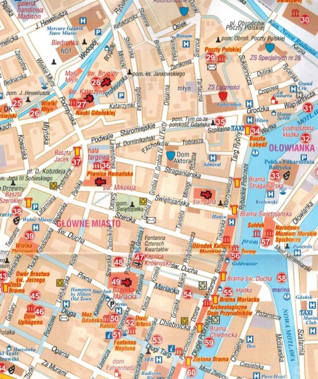 Gdańsk 1:16 000. Mapa kieszonkowa z przewodnikiem / Plan miasta wydawnictwa Galileos. Plan centrum - fragment
