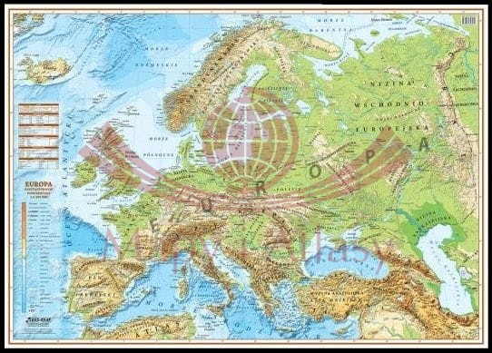 Europa 1:4 500 000. Mapa fizyczna w ramie drewnianej.