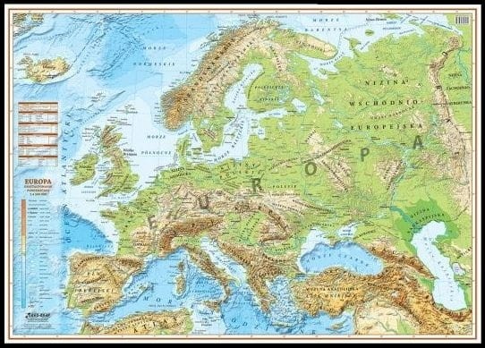 Europa 1:4 500 000. Mapa fizyczna w ramie drewnianej