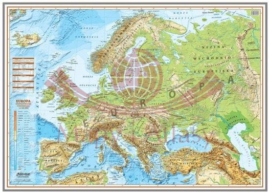 Europa 1:4 500 000. Mapa fizyczna. Wersja do wpinania.