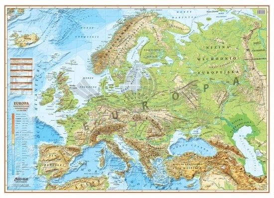 Europa 1:4 500 000. Naklejka, mapa ścienna fizyczna.