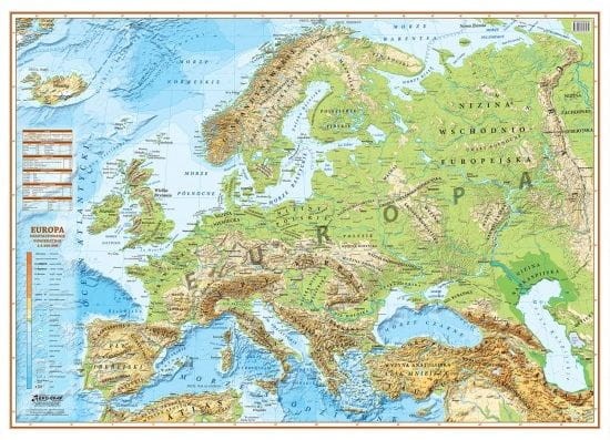 Europa 1:4 500 000. Naklejka, mapa ścienna fizyczna wydawnictwa Eko-Graf