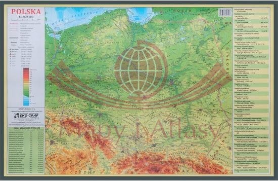Polska 1:1 800 000. Mapa fizyczna w ramie drewnianej.