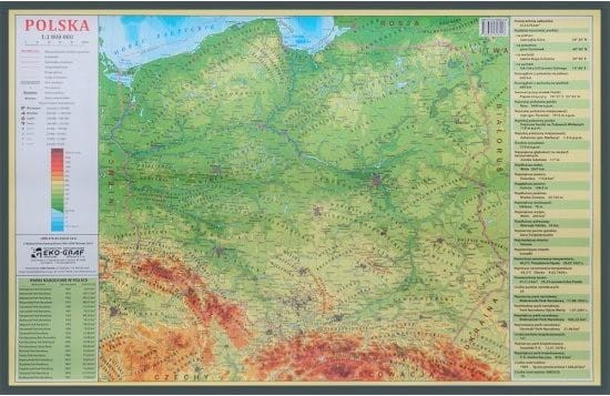 Polska 1:1 800 000. Mapa fizyczna w ramie drewnianej