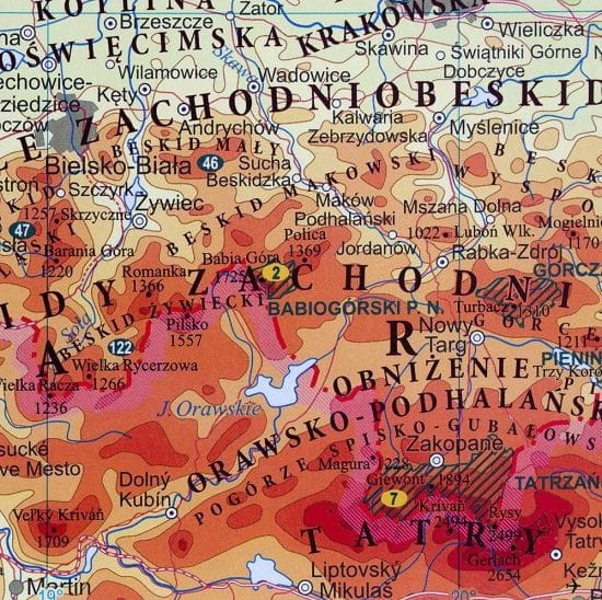 Polska 1:1 000 000. Naklejka, mapa ścienna fizyczna. Fragment 6