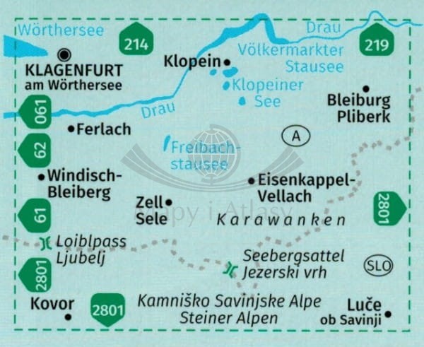 Klopeiner See, Karawanken Ost, Steiner Alpen. Laminowana mapa turystyczna wydawnictwa Kompass. Zasięg