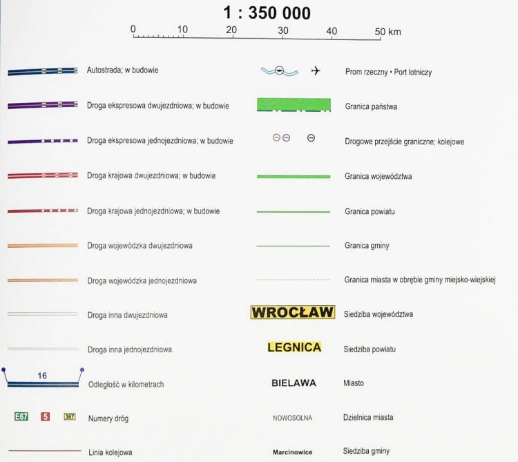 Polska 1:350 000. Mapa ścienna administracyjno-drogowa w wersji do wpinania. Legenda