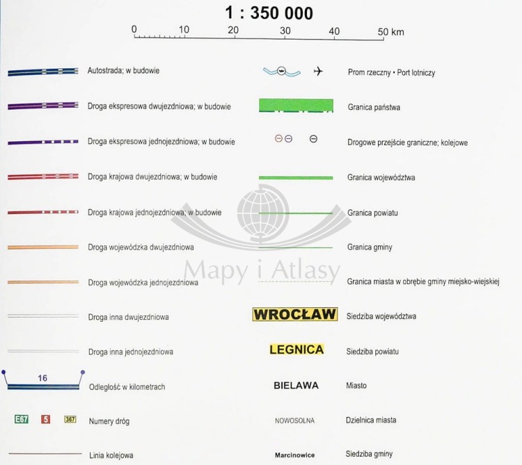 Polska 1:350 000. Mapa ścienna administracyjno-drogowa w wersji magnetycznej. Legenda