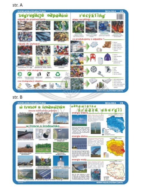 Segregacja odpadów, recykling, odnawialne źródła energii, środowisko. Dwustronna podkładka edukacyjna 018