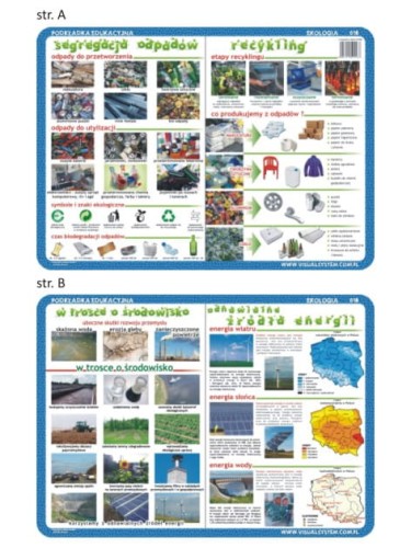 Segregacja odpadów, recykling, odnawialne źródła energii, środowisko. Dwustronna podkładka edukacyjna 018