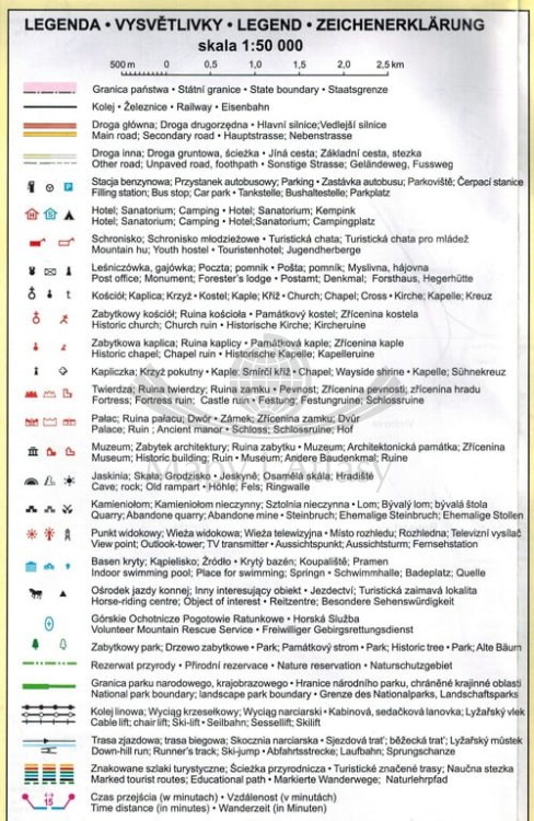 Karkonosze i Rudawy Janowickie 1:50 000. Mapa turystyczna w ramie drewnianej. Legenda