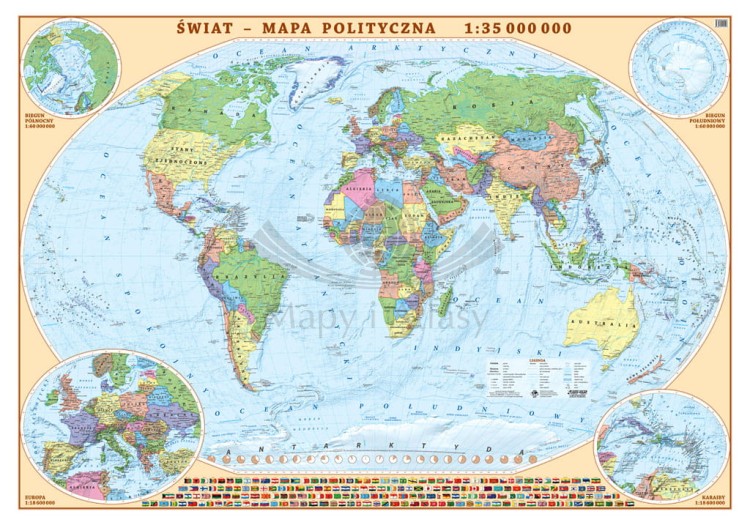 Świat 1:35 000 000. Naklejka, mapa ścienna polityczna