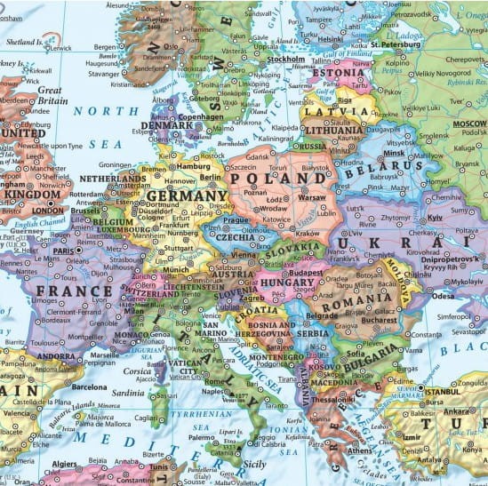 Świat 1:25 000 000. Arkusz, mapa ścienna polityczna w języku angielskim. Fragment 1