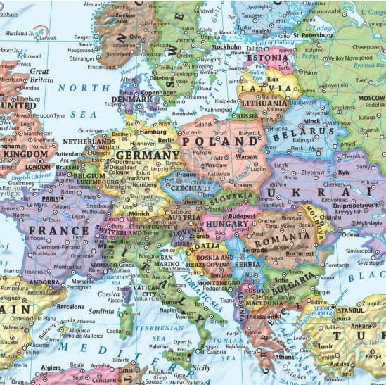 Świat 1:25 000 000. Naklejka, mapa ścienna polityczna w języku angielskim. Fragment 1