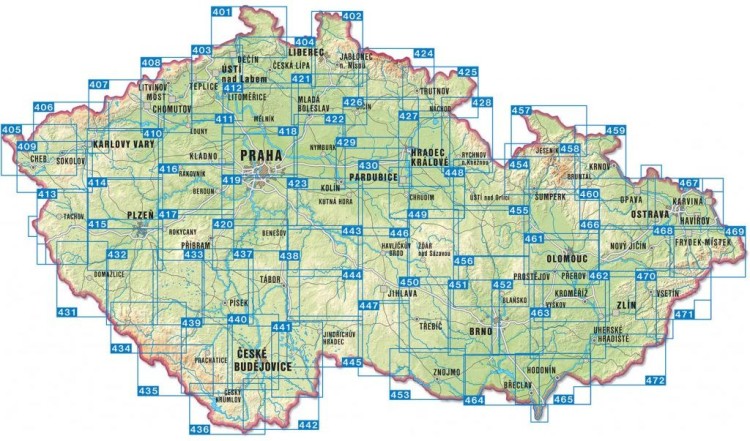 Czechy 1:40 000. Zestaw 72 map turystycznych wydawnictwa Shocart. Skorowidz map