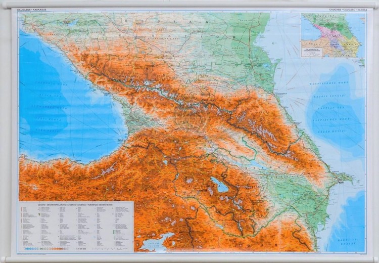 Kaukaz 1:1 000 000. Gruzja, Armenia, Azerbejdżan. Mapa ścienna fizyczno-drogowa