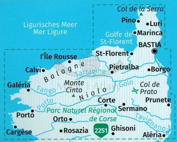 Korsyka, część północna. Zestaw trzech map turystycznych 2250 wydawnictwa Kompass. Zasięg