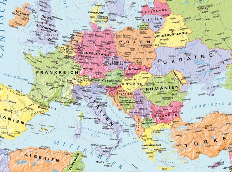Europe political map / Europa 1:3 200 000. Mapa ścienna polityczna w języku niemieckim wydawnictwa Meridian. Fragment
