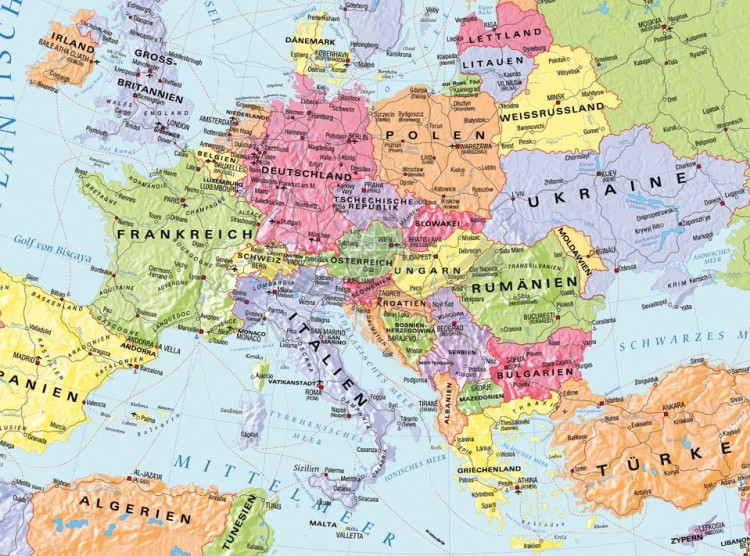 Europe political map / Europa 1:4 000 000. Mapa ścienna polityczna w języku niemieckim wydawnictwa Meridian. Fragment
