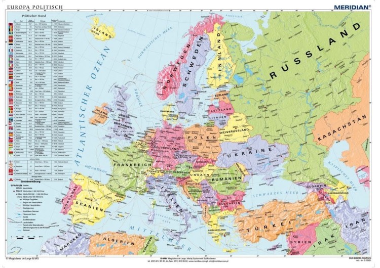 Europe political map / Europa 1:3 200 000. Mapa ścienna polityczna w języku niemieckim wydawnictwa Meridian