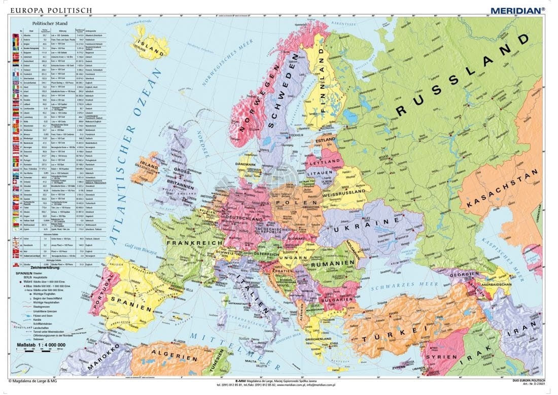 Europe political map / Europa 1:4 000 000. Mapa ścienna polityczna. Język niemiecki. Drewniane półwałki