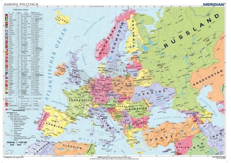 Europe political map / Europa 1:4 000 000. Mapa ścienna polityczna w języku niemieckim wydawnictwa Meridian