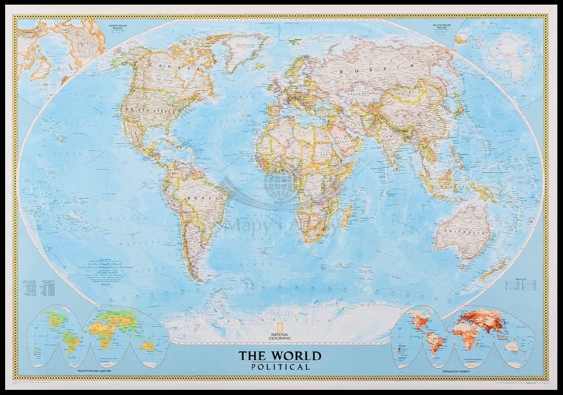 Świat 1:31 854 000. Mapa polityczna w ramie drewnianej. National Geographic