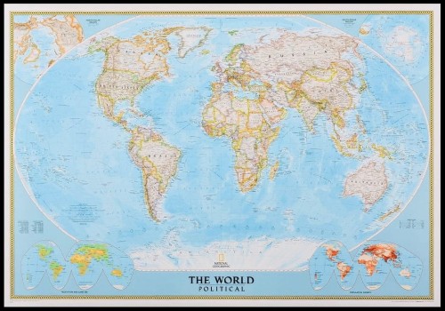 Świat 1:31 854 000. Mapa polityczna w ramie drewnianej. Wydawnictwo: National Geographic