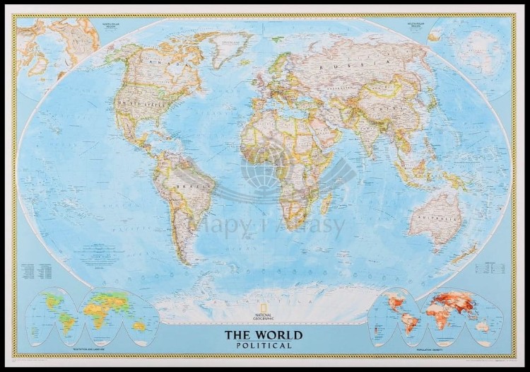 Świat 1:31 854 000. Mapa polityczna w ramie drewnianej. Wydawnictwo: National Geographic
