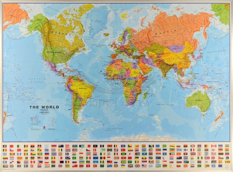 Świat 1:30 000 000. Mapa polityczna z flagami. Wersja do wpinania
