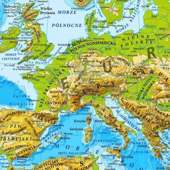 Świat 1:18 000 000. Mapa ścienna fizyczna, ukształtowanie powierzchni. Fragment 1