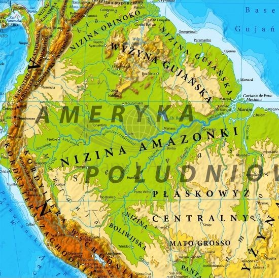Świat 1:18 000 000. Mapa ścienna fizyczna, ukształtowanie powierzchni. Fragment 5