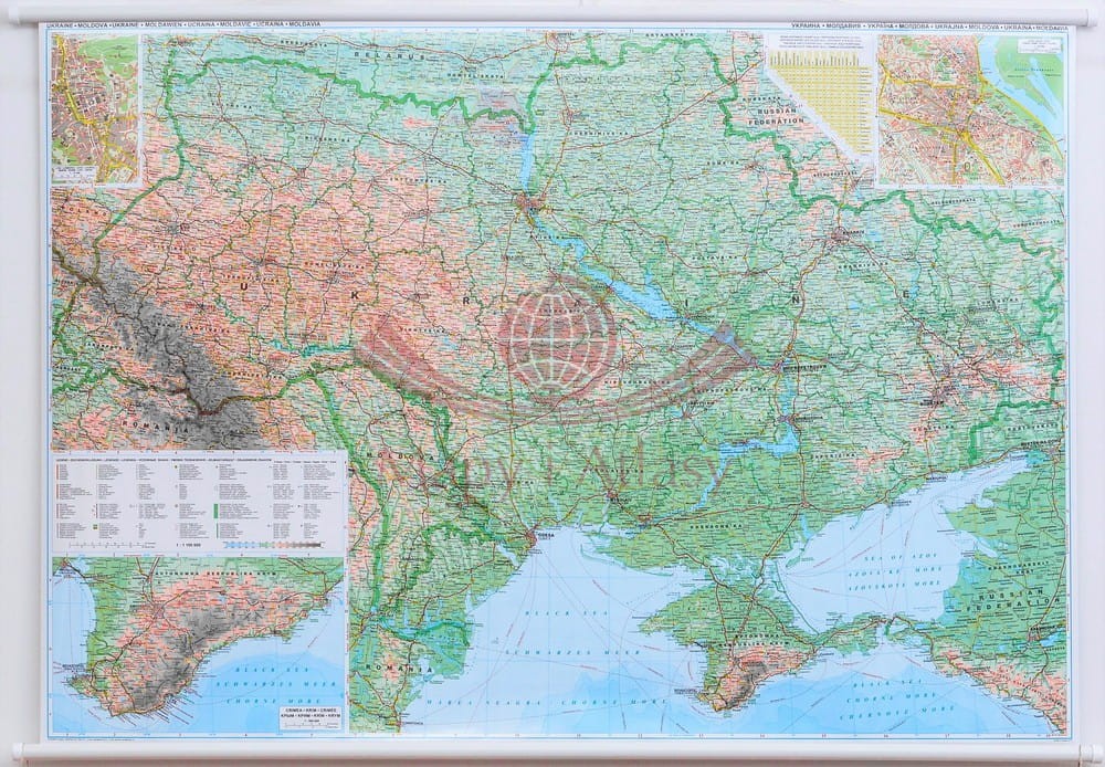 Ukraina i Mołdawia. Mapa ścienna fizyczno-drogowa.