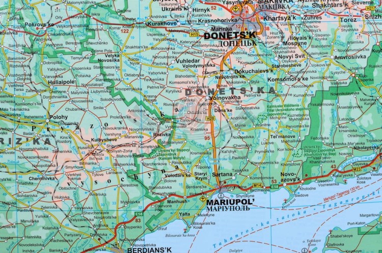 Ukraina i Mołdawia. Mapa ścienna fizyczno-drogowa. Fragment 1