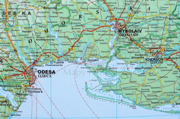 Ukraina i Mołdawia. Mapa ścienna fizyczno-drogowa. Fragment 2