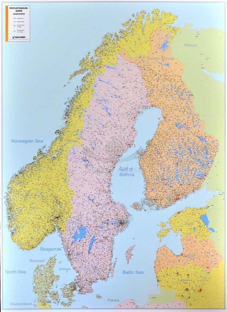 Skandynawia 1:1 700 000. Mapa ścienna. Kody pocztowe