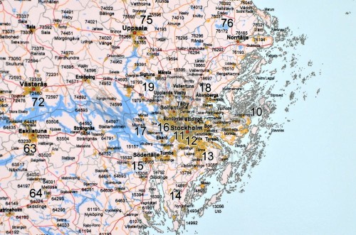 Skandynawia 1:1 700 000. Szwecja, Norwegia, Finlandia, Dania, Litwa, Łotwa, Estonia. Mapa ścienna. Kody pocztowe. Fragment 1