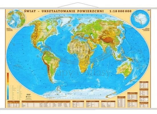 Świat 1:18 000 000. Mapa ścienna fizyczna, ukształtowanie powierzchni