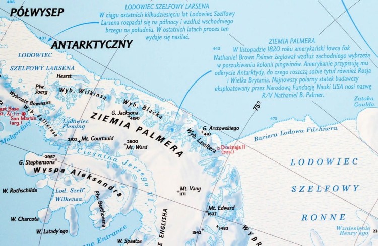 Antarktyda 1:3 400 000. Mapa ścienna fizyczna. Drewniane półwałki. Fragment 1