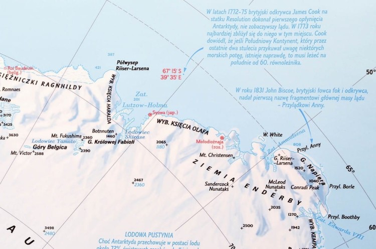 Antarktyda 1:3 400 000. Mapa ścienna fizyczna. Drewniane półwałki. Fragment 3