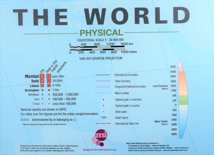 Świat 1:30 000 000. Mapa ścienna fizyczna świata. Legenda