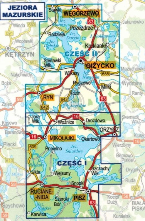 Jeziora Mazurskie. Laminowana mapa żeglarska wydawnictwa ExpressMap. Zasięg