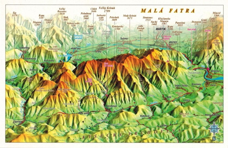 Mała Fatra. Mapa panoramiczna z efektem 3D w formie pocztówki