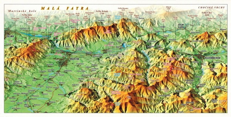 Mała i Wielka Fatra. Mapa panoramiczna z efektem 3D w formie pocztówki
